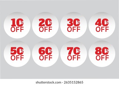 A set off percentage sticker Design Price Tag Label with round shape and Red text With Various badge - Vector illustration business buy and sale poster. off percentage 10% - 80% design. discount offer