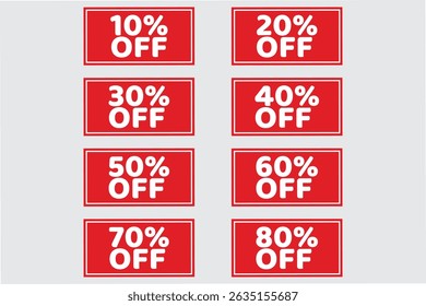 A set off percentage sticker Design Price Tag Label with round shape and Red text With Various badge - Vector illustration business buy and sale poster. off percentage 10% - 80% design. discount offer