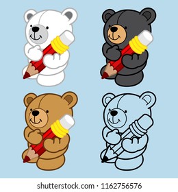 Set off Polar Bear, Brown Bear, Black Bear and Line art Bear, Holding the pencil. Cute vector cartoon illustration for Design