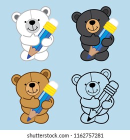 Set off Polar Bear, Brown Bear, Black Bear and Line art Bear, Holding the pencil. Cute vector cartoon illustration for Design