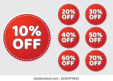 Uma etiqueta de preço de desconto de círculo vermelho Set off. porcentagem 10%, 20%, 30%, 40%, 50%, 60%, 70% e 80%, mega oferta de desconto para compras de marketing de venda grande por pouco tempo. Novo design de negócios de selo de coleção