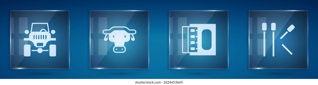 Set Off road car, African buffalo head, Matchbox and matches and Matches. Square glass panels. Vector