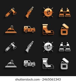 Conjunto de coche de carretera, prismáticos, encendedor, botas de cazador, sombrero, sol, hacha de madera y el icono de la pistola de caza. Vector