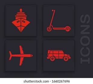 Set Off road car, Cargo ship, Scooter and Plane icon. Vector