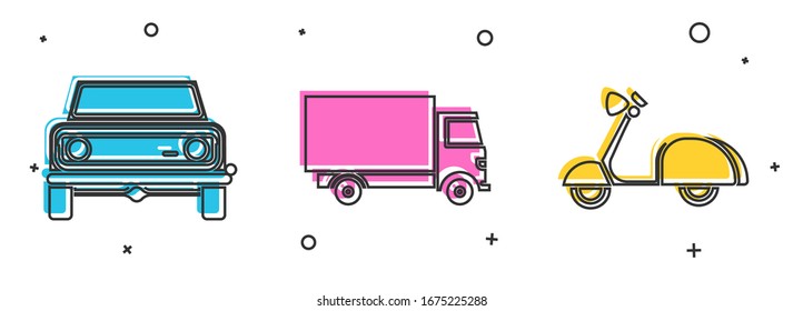 Set Off road car, Delivery cargo truck vehicle and Scooter icon. Vector