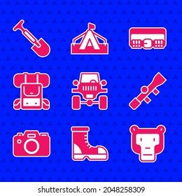 Geländewagen, Jägerstiefel, Affe, Lichtschacht, Fotokamera, Rucksack, Jagdpatronengürtel und Schaufelsymbol. Vektorgrafik