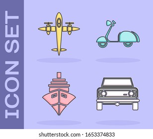 Set Off road car, Old retro vintage plane, Cargo ship and Scooter icon. Vector