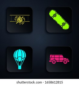 Set Off road car, Old retro vintage plane, Hot air balloon and Skateboard. Black square button. Vector