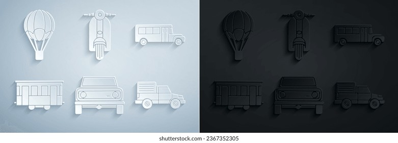 Desplaza el coche de carretera, el autobús escolar, el tranvía de la ciudad antigua, el vehículo de carga de reparto, el Scooter y el icono del globo aerostático. Vector