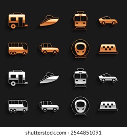 Conjunto de coche de carretera, coche, techo de taxi, tren y ferrocarril, autobús, tranvía, remolque de camping Rv e icono de lancha rápida. Vector