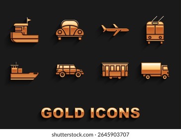 Set Off road car, Trolleybus, Delivery cargo truck vehicle, Old city tram, Cargo ship, Plane, Fishing boat and Volkswagen beetle icon. Vector