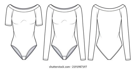 Setzen Sie sich von den Schultern Bodysuit Technische Modegrafik. Die flache Damenvorlage für den Bodyanzug mit eingebautem Körper, kurzen und langen Ärmeln, Vorder-, Rücken-, Weiß-, CAD-Muster.