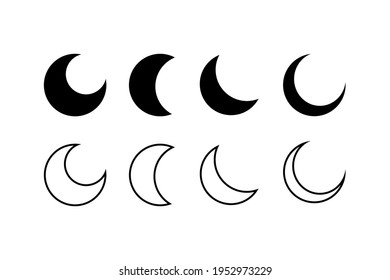 Set off Simple Moon Icon. Fill and Outline Crescent isolated on White Background. Flat Vector Icon Design Template Elements.
