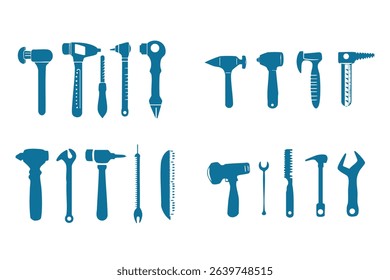 Set off tools hammer, drill, pliers and saw in black and white art silhouette form