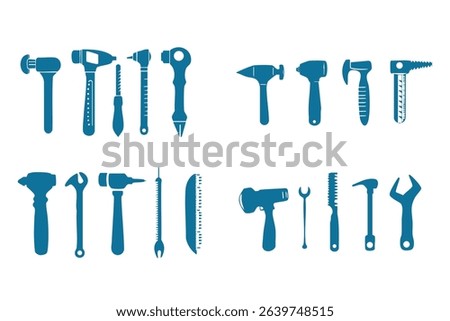 Set off tools hammer, drill, pliers and saw in black and white art silhouette form
