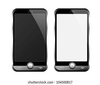 A set off two silver phones width blank screens, black end white screens. Isolated on white.