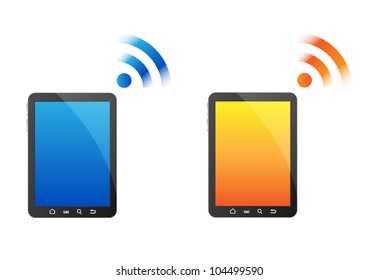 A set off two tablets phones one width a blue screen and width an orange screen making an wireless connection.