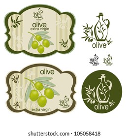 Un conjunto de sellos de oliva de estilo vintage y un interesante canto de aceitunas, aceitunas verdes. Aislado en blanco, ideal para los productos oleícolas.