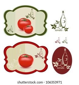 A set off vintage tomato labels. An interesting tomato logo width a bottle and some tomatoes ideal for tomato products isolated on white.