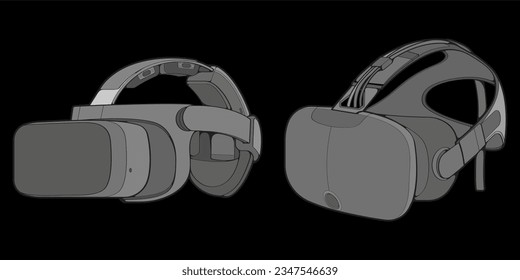 Setzen Sie Virtual-Reality-Zeichensatz-Farbvektorgrafik ein, Virtual-Reality-Headset, das in einem Skizzenstil gezeichnet wird. Farbgebung von Virtual-Reality-Headset-Trainern Vorlagenumriss, Vektorgrafik.
