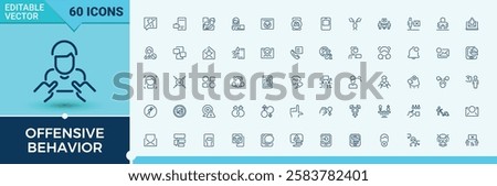 Set of Offensive Behavior line icons. It contains symbols to violence, social, equality, public, Harassment, offend, abuse and more. Set of line pictogram. Editable vector stroke.