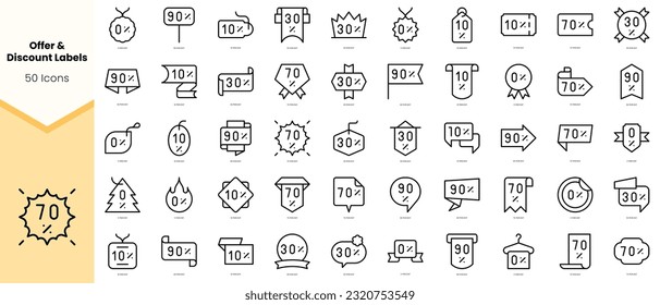 Juego de etiquetas de oferta y descuento Iconos. Paquete de iconos de estilo de arte de línea simple. Ilustración del vector