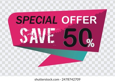 "Set of offer labels: 50% off sale banners and special offer tag stickers. Vector design."