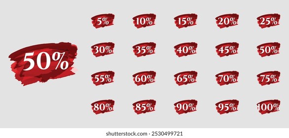 Conjunto de oferta Número o números Insignias Etiqueta Clipart de pegatinas. 10%, 20%,30%,40%,50%, 60%, 70%,80%,90% y 100%.