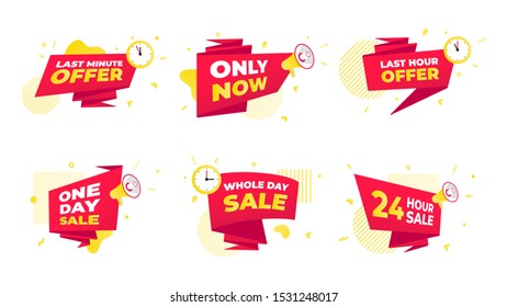 Set of offer sale countdown ribbon counters badges icon sign with big red ribbon, clock or megaphone speaker, abstract elements behind isolated on white background.