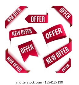 Set of offer tags. Vector red ribbons isolated on white background. 