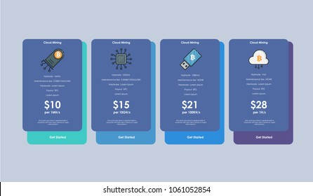 Set of offer tariffs for for cryptocurrency mining. ui ux vector banner for web app. set of pricing table, order, box, button, list with plan for website in flat design.