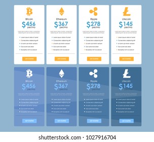 Set of offer tariffs for cryptocurrency operations. ui ux vector banner for web app. set of pricing table, order, box, button, list with plan for website in flat design.