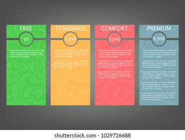 Set of offer tariffs. ui ux vector banner for web app. set of pricing table, order, box, button, list with plan for website in flat design. Price list set, Tariff plan, Pricing table for business.