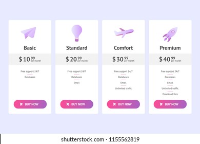 Set of offer tariffs. ui ux vector banner for web app. set of pricing table, order, box, button, list with plan for website in flat design.