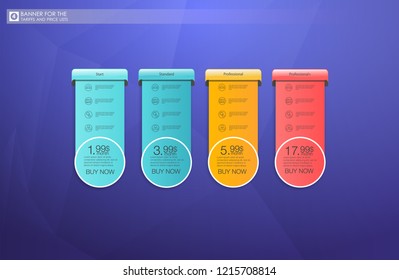 Set of offer tariffs. ui ux vector banner for web app. set of pricing table, order, box, button, list with plan for website in flat design.