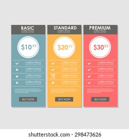 Set offer tariffs. ui ux vector banner for web app. set pricing table, order, box, button, list with plan for website in flat design
