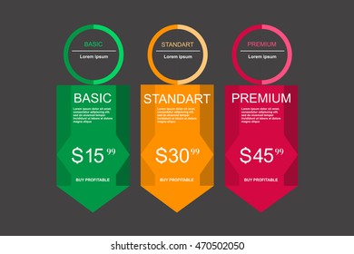 Set offer tariffs. ui ux vector banner for web app. set pricing table, order, box, button, list with plan for website in flat design