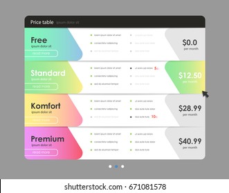 Set of offer tariffs. ui ux vector banner for web app. set of pricing table, order, box, button, list with plan for website in flat design.