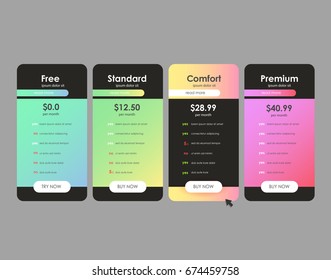 Set of offer tariffs. ui ux vector banner for web app. set of pricing table, order, box, button, list with plan for website in flat design.