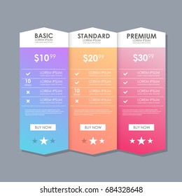 Set of offer tariffs. ui ux vector banner for web app. set of pricing table, order, box, button, list with plan for website in flat design.