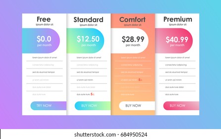 Set of offer tariffs. ui ux vector banner for web app. set of pricing table, order, box, button, list with plan for website in flat design.