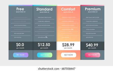 Set of offer tariffs. ui ux vector banner for web app. set of pricing table, order, box, button, list with plan for website in flat design.