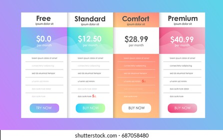 Set of offer tariffs. ui ux vector banner for web app. set of pricing table, order, box, button, list with plan for website in flat design.
