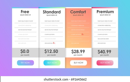 Set of offer tariffs. ui ux vector banner for web app. set of pricing table, order, box, button, list with plan for website in flat design.