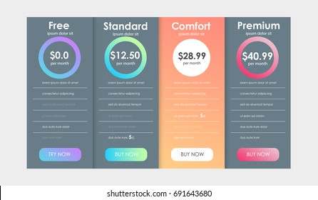 Set of offer tariffs. ui ux vector banner for web app. set of pricing table, order, box, button, list with plan for website in flat design.