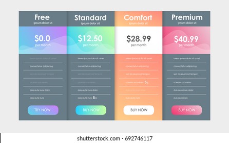 Set of offer tariffs. ui ux vector banner for web app. set of pricing table, order, box, button, list with plan for website in flat design.