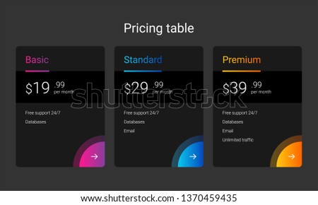 Set of offer tariffs. ui ux vector banner for web app. set of pricing table, order, box, button, list with plan for website in flat design.