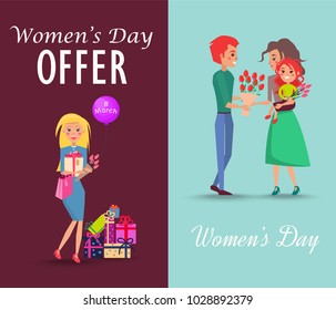 Set of offers and congratulations on womens day vector illustration. Happy woman with holiday shopping. Man gives red flowers to wife and daughter