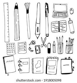 Set of office accessories in hand draw style. Pen, pencil, brush, laptop, computer mouse, sharpener, eraser, notebook, book, notepad, folder on rings in duddle style. Vector illustration isolated.