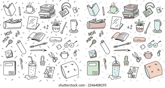 set of office accessories objects on a working desk with doodle, simple lines, drawing style, in pastel and black and white version	